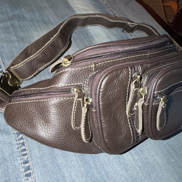 Leather Fanny Pack Waist Sack Handbag Brown Pebble Pockets Adj Strap Zip Pocket - Picture 3 of 9